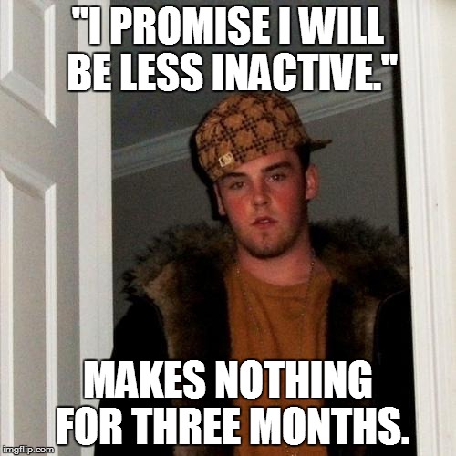 I'm back... again. | "I PROMISE I WILL BE LESS INACTIVE." MAKES NOTHING FOR THREE MONTHS. | image tagged in memes,scumbag steve | made w/ Imgflip meme maker