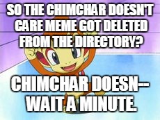 Seriously, why? | SO THE CHIMCHAR DOESN'T CARE MEME GOT DELETED FROM THE DIRECTORY? CHIMCHAR DOESN-- WAIT A MINUTE. | image tagged in chimchar doesn't care,why,deleted,template,sigh | made w/ Imgflip meme maker