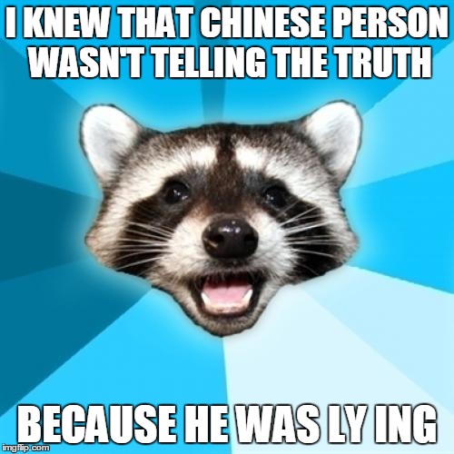 Very Lame Chinese Pun Coon | I KNEW THAT CHINESE PERSON WASN'T TELLING THE TRUTH BECAUSE HE WAS LY ING | image tagged in memes,lame pun coon | made w/ Imgflip meme maker