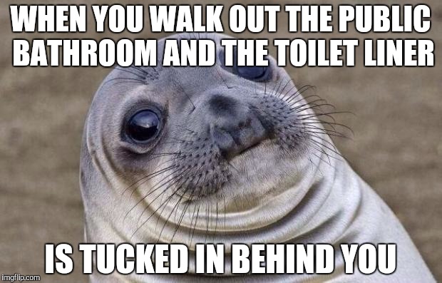 Awkward Moment Sealion Meme | WHEN YOU WALK OUT THE PUBLIC BATHROOM AND THE TOILET LINER IS TUCKED IN BEHIND YOU | image tagged in memes,awkward moment sealion | made w/ Imgflip meme maker