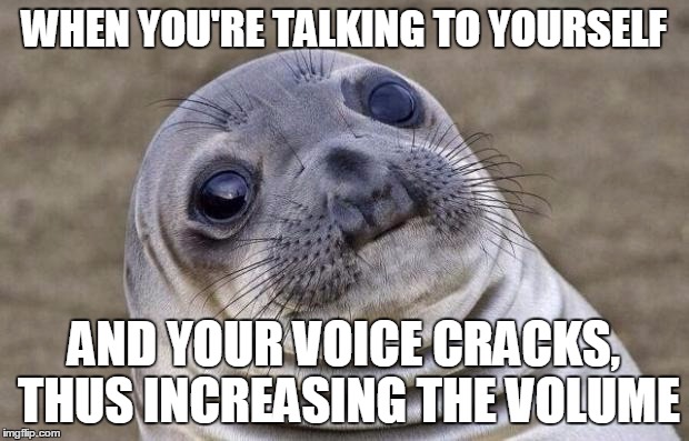 Awkward Moment Sealion Meme | WHEN YOU'RE TALKING TO YOURSELF AND YOUR VOICE CRACKS, THUS INCREASING THE VOLUME | image tagged in memes,awkward moment sealion | made w/ Imgflip meme maker