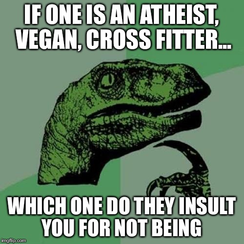 Philosoraptor | IF ONE IS AN ATHEIST, VEGAN, CROSS FITTER... WHICH ONE DO THEY INSULT YOU FOR NOT BEING | image tagged in memes,philosoraptor,crossfit,atheism,veganism | made w/ Imgflip meme maker