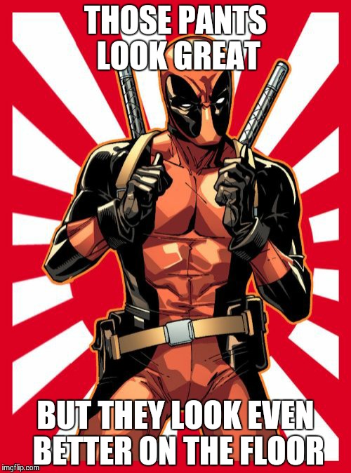 Deadpool Pick Up Lines | THOSE PANTS LOOK GREAT BUT THEY LOOK EVEN BETTER ON THE FLOOR | image tagged in memes,deadpool pick up lines | made w/ Imgflip meme maker