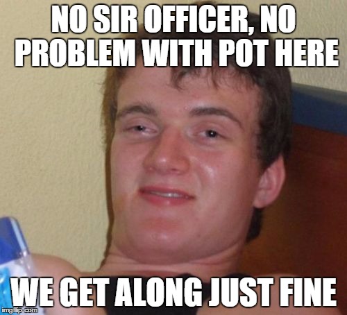 10 Guy | NO SIR OFFICER, NO PROBLEM WITH POT HERE WE GET ALONG JUST FINE | image tagged in memes,10 guy | made w/ Imgflip meme maker