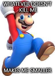 mario | WHATEVER DOESN'T KILL ME MAKES ME SMALLER | image tagged in mario | made w/ Imgflip meme maker