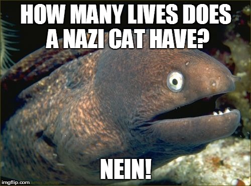 Bad Joke Eel | HOW MANY LIVES DOES A NAZI CAT HAVE? NEIN! | image tagged in memes,bad joke eel | made w/ Imgflip meme maker