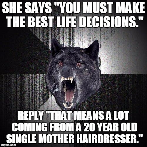 Insanity Wolf Meme | SHE SAYS "YOU MUST MAKE THE BEST LIFE DECISIONS." REPLY "THAT MEANS A LOT COMING FROM A 20 YEAR OLD SINGLE MOTHER HAIRDRESSER." | image tagged in memes,insanity wolf,AdviceAnimals | made w/ Imgflip meme maker