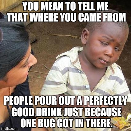 Third World Skeptical Kid Meme | YOU MEAN TO TELL ME THAT WHERE YOU CAME FROM PEOPLE POUR OUT A PERFECTLY GOOD DRINK JUST BECAUSE ONE BUG GOT IN THERE. | image tagged in memes,third world skeptical kid,AdviceAnimals | made w/ Imgflip meme maker