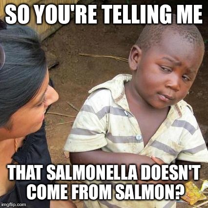 Third World Skeptical Kid | SO YOU'RE TELLING ME THAT SALMONELLA DOESN'T COME FROM SALMON? | image tagged in memes,third world skeptical kid | made w/ Imgflip meme maker