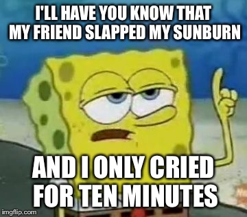 I'll Have You Know Spongebob | I'LL HAVE YOU KNOW THAT MY FRIEND SLAPPED MY SUNBURN AND I ONLY CRIED FOR TEN MINUTES | image tagged in memes,ill have you know spongebob | made w/ Imgflip meme maker