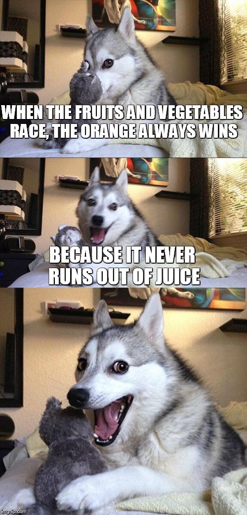Bad Pun Dog | WHEN THE FRUITS AND VEGETABLES RACE, THE ORANGE ALWAYS WINS BECAUSE IT NEVER RUNS OUT OF JUICE | image tagged in memes,bad pun dog | made w/ Imgflip meme maker