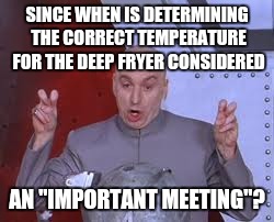 Dr Evil Laser Meme | SINCE WHEN IS DETERMINING THE CORRECT TEMPERATURE FOR THE DEEP FRYER CONSIDERED AN "IMPORTANT MEETING"? | image tagged in memes,dr evil laser | made w/ Imgflip meme maker