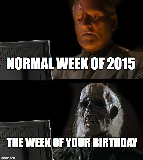 I'll Just Wait Here Meme | NORMAL WEEK OF 2015 THE WEEK OF YOUR BIRTHDAY | image tagged in memes,ill just wait here | made w/ Imgflip meme maker