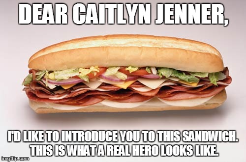 Real hero 2 | DEAR CAITLYN JENNER, I'D LIKE TO INTRODUCE YOU TO THIS SANDWICH. THIS IS WHAT A REAL HERO LOOKS LIKE. | image tagged in hero,sandwich,caitlyn jenner | made w/ Imgflip meme maker