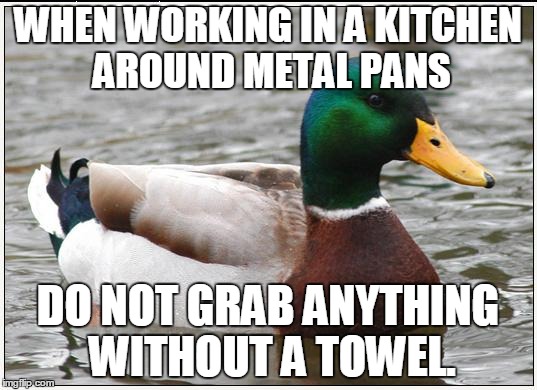 Actual Advice Mallard Meme | WHEN WORKING IN A KITCHEN AROUND METAL PANS DO NOT GRAB ANYTHING WITHOUT A TOWEL. | image tagged in memes,actual advice mallard,AdviceAnimals | made w/ Imgflip meme maker