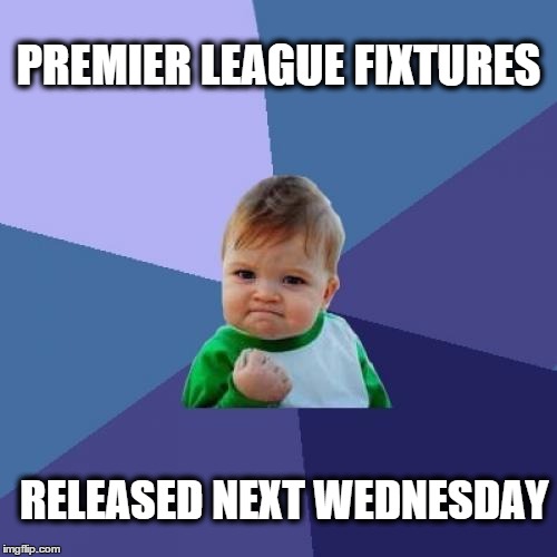 Success Kid Meme | PREMIER LEAGUE FIXTURES RELEASED NEXT WEDNESDAY | image tagged in memes,success kid | made w/ Imgflip meme maker
