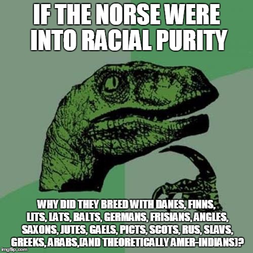 Philosoraptor | IF THE NORSE WERE INTO RACIAL PURITY WHY DID THEY BREED WITH DANES, FINNS, LITS, LATS, BALTS, GERMANS, FRISIANS, ANGLES, SAXONS, JUTES, GAEL | image tagged in memes,philosoraptor | made w/ Imgflip meme maker