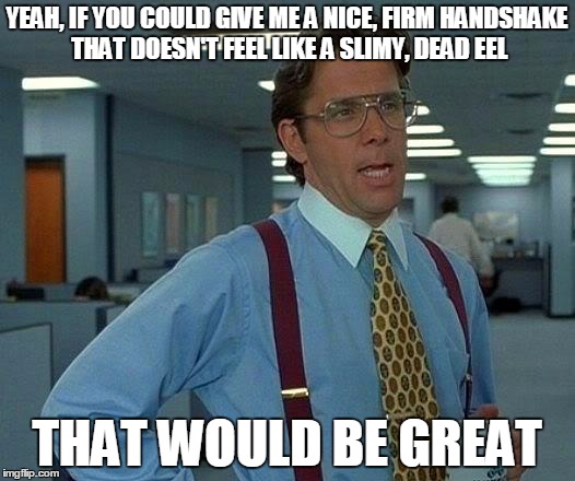 That Would Be Great | YEAH, IF YOU COULD GIVE ME A NICE, FIRM HANDSHAKE THAT DOESN'T FEEL LIKE A SLIMY, DEAD EEL THAT WOULD BE GREAT | image tagged in memes,that would be great | made w/ Imgflip meme maker