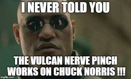 Matrix Morpheus Meme | I NEVER TOLD YOU THE VULCAN NERVE PINCH WORKS ON CHUCK NORRIS !!! | image tagged in memes,matrix morpheus | made w/ Imgflip meme maker