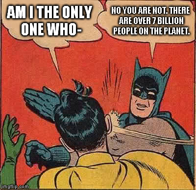 Batman Slapping Robin | AM I THE ONLY ONE WHO- NO YOU ARE NOT. THERE ARE OVER 7 BILLION PEOPLE ON THE PLANET. | image tagged in memes,batman slapping robin | made w/ Imgflip meme maker