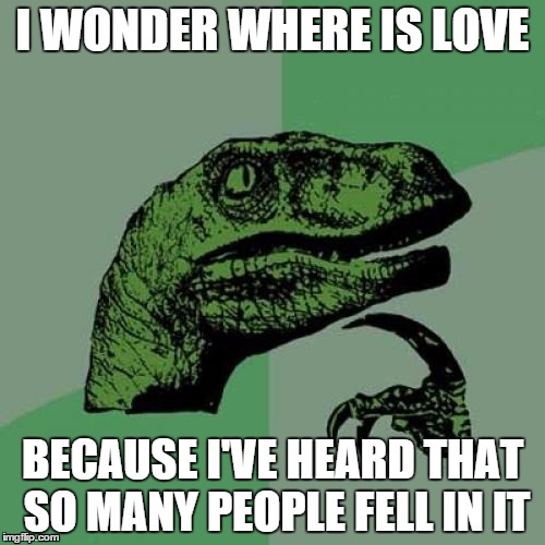 Philosoraptor | I WONDER WHERE IS LOVE BECAUSE I'VE HEARD THAT SO MANY PEOPLE FELL IN IT | image tagged in memes,philosoraptor | made w/ Imgflip meme maker