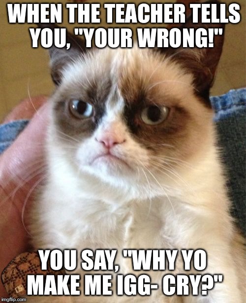 Grumpy Cat Meme | WHEN THE TEACHER TELLS YOU, "YOUR WRONG!" YOU SAY, "WHY YO MAKE ME IGG- CRY?" | image tagged in memes,grumpy cat,scumbag | made w/ Imgflip meme maker