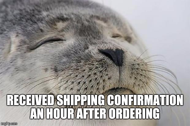Satisfied Seal | RECEIVED SHIPPING CONFIRMATION AN HOUR AFTER ORDERING | image tagged in memes,satisfied seal | made w/ Imgflip meme maker