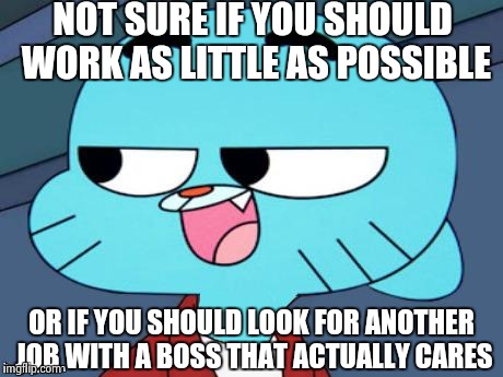 Futurama Gumball | NOT SURE IF YOU SHOULD WORK AS LITTLE AS POSSIBLE OR IF YOU SHOULD LOOK FOR ANOTHER JOB WITH A BOSS THAT ACTUALLY CARES | image tagged in futurama gumball | made w/ Imgflip meme maker