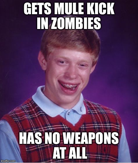 Bad Luck Brian | GETS MULE KICK IN ZOMBIES HAS NO WEAPONS AT ALL | image tagged in memes,bad luck brian | made w/ Imgflip meme maker