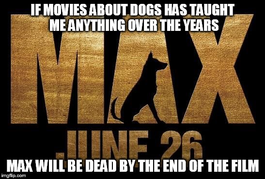 IF MOVIES ABOUT DOGS HAS TAUGHT ME ANYTHING OVER THE YEARS MAX WILL BE DEAD BY THE END OF THE FILM | image tagged in max,dogs,movies | made w/ Imgflip meme maker