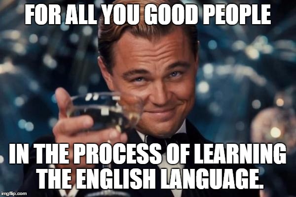 Leonardo Dicaprio Cheers Meme | FOR ALL YOU GOOD PEOPLE IN THE PROCESS OF LEARNING THE ENGLISH LANGUAGE. | image tagged in memes,leonardo dicaprio cheers | made w/ Imgflip meme maker