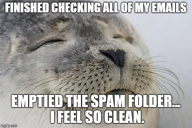 Again... I get a lot of emails from a lot of important sources. | FINISHED CHECKING ALL OF MY EMAILS EMPTIED THE SPAM FOLDER... I FEEL SO CLEAN. | image tagged in memes,satisfied seal,email,shawnljohnson | made w/ Imgflip meme maker