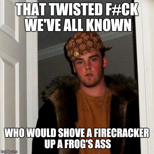 Scumbag Steve Meme | THAT TWISTED F#CK WE'VE ALL KNOWN WHO WOULD SHOVE A FIRECRACKER UP A FROG'S ASS | image tagged in memes,scumbag steve | made w/ Imgflip meme maker