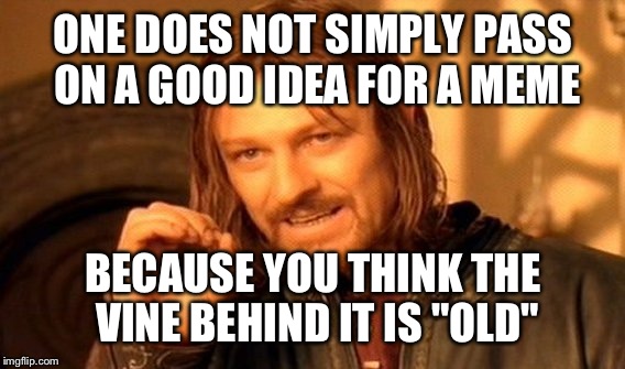 One Does Not Simply Meme | ONE DOES NOT SIMPLY PASS ON A GOOD IDEA FOR A MEME BECAUSE YOU THINK THE VINE BEHIND IT IS "OLD" | image tagged in memes,one does not simply | made w/ Imgflip meme maker