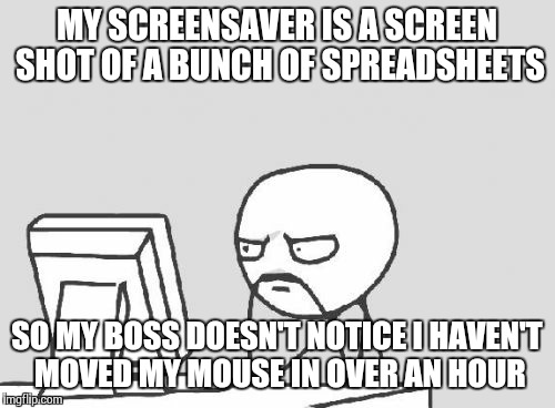 J/K I Don't Have A Boss Anymore... | MY SCREENSAVER IS A SCREEN SHOT OF A BUNCH OF SPREADSHEETS SO MY BOSS DOESN'T NOTICE I HAVEN'T MOVED MY MOUSE IN OVER AN HOUR | image tagged in memes,computer guy | made w/ Imgflip meme maker