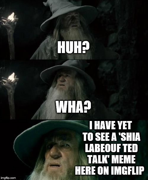 Confused Gandalf Meme | HUH? WHA? I HAVE YET TO SEE A 'SHIA LABEOUF TED TALK' MEME HERE ON IMGFLIP | image tagged in memes,confused gandalf | made w/ Imgflip meme maker