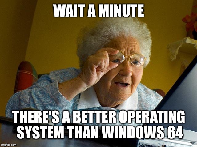Grandma Finds The Internet Meme | WAIT A MINUTE THERE'S A BETTER OPERATING SYSTEM THAN WINDOWS 64 | image tagged in memes,grandma finds the internet | made w/ Imgflip meme maker