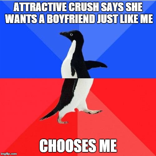 Socially Awkward Awesome Penguin Meme | ATTRACTIVE CRUSH SAYS SHE WANTS A BOYFRIEND JUST LIKE ME CHOOSES ME | image tagged in memes,socially awkward awesome penguin,AdviceAnimals | made w/ Imgflip meme maker