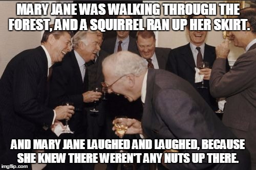 Laughing Men In Suits Meme | MARY JANE WAS WALKING THROUGH THE FOREST, AND A SQUIRREL RAN UP HER SKIRT. AND MARY JANE LAUGHED AND LAUGHED, BECAUSE SHE KNEW THERE WEREN'T | image tagged in memes,laughing men in suits | made w/ Imgflip meme maker