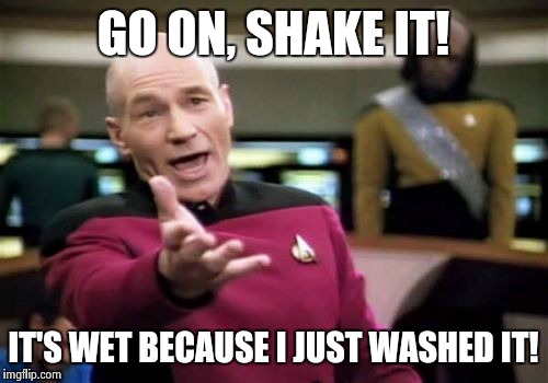 Picard Wtf Meme | GO ON, SHAKE IT! IT'S WET BECAUSE I JUST WASHED IT! | image tagged in memes,picard wtf | made w/ Imgflip meme maker