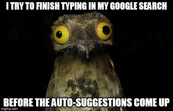 Weird Stuff I Do Potoo Meme | I TRY TO FINISH TYPING IN MY GOOGLE SEARCH BEFORE THE AUTO-SUGGESTIONS COME UP | image tagged in memes,weird stuff i do potoo | made w/ Imgflip meme maker