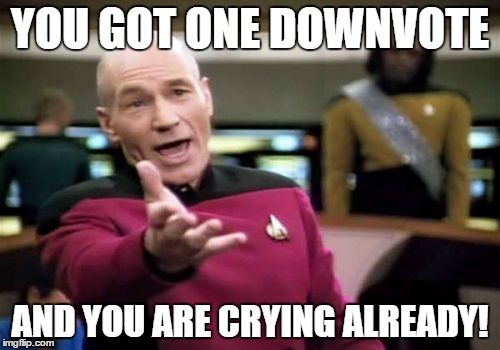 Picard Wtf Meme | YOU GOT ONE DOWNVOTE AND YOU ARE CRYING ALREADY! | image tagged in memes,picard wtf | made w/ Imgflip meme maker