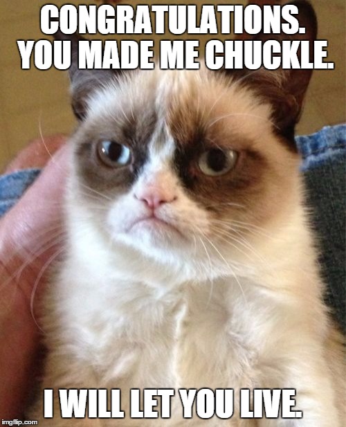 Grumpy Cat Meme | CONGRATULATIONS. YOU MADE ME CHUCKLE. I WILL LET YOU LIVE. | image tagged in memes,grumpy cat | made w/ Imgflip meme maker