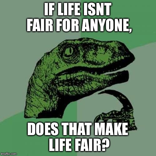 Philosoraptor | IF LIFE ISNT FAIR FOR ANYONE, DOES THAT MAKE LIFE FAIR? | image tagged in memes,philosoraptor | made w/ Imgflip meme maker