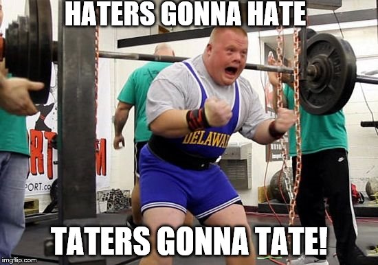 potato | HATERS GONNA HATE TATERS GONNA TATE! | image tagged in potato | made w/ Imgflip meme maker