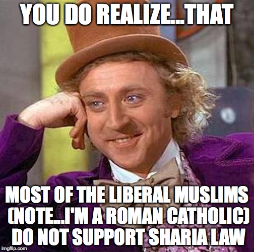 Creepy Condescending Wonka Meme | YOU DO REALIZE...THAT MOST OF THE LIBERAL MUSLIMS (NOTE...I'M A ROMAN CATHOLIC) DO NOT SUPPORT SHARIA LAW | image tagged in memes,creepy condescending wonka | made w/ Imgflip meme maker