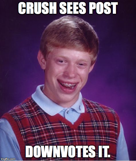 Bad Luck Brian Meme | CRUSH SEES POST DOWNVOTES IT. | image tagged in memes,bad luck brian | made w/ Imgflip meme maker