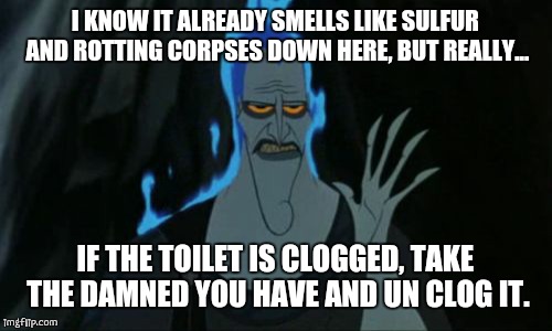 Hercules Hades Meme | I KNOW IT ALREADY SMELLS LIKE SULFUR AND ROTTING CORPSES DOWN HERE, BUT REALLY... IF THE TOILET IS CLOGGED, TAKE THE DAMNED YOU HAVE AND UN  | image tagged in memes,hercules hades | made w/ Imgflip meme maker