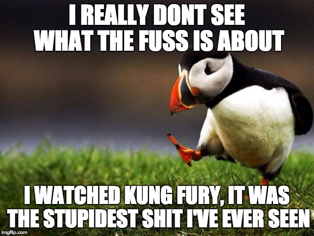 Unpopular Opinion Puffin Meme | I REALLY DONT SEE WHAT THE FUSS IS ABOUT I WATCHED KUNG FURY, IT WAS THE STUPIDEST SHIT I'VE EVER SEEN | image tagged in memes,unpopular opinion puffin | made w/ Imgflip meme maker