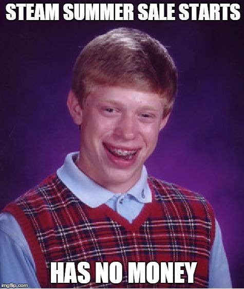 Bad Luck Brian | STEAM SUMMER SALE STARTS HAS NO MONEY | image tagged in memes,bad luck brian | made w/ Imgflip meme maker